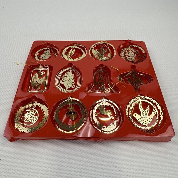 Vintage 12-Piece Brass Christmas Ornament Set Intricate 3-D Cutout Dimensional - Picture 7 of 15